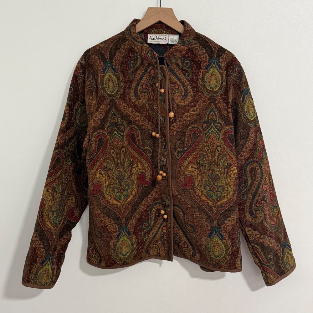 Flashback Tapestry Jacket Womens 1X Brown Paisley Boho Art To Wear Whimsigoth